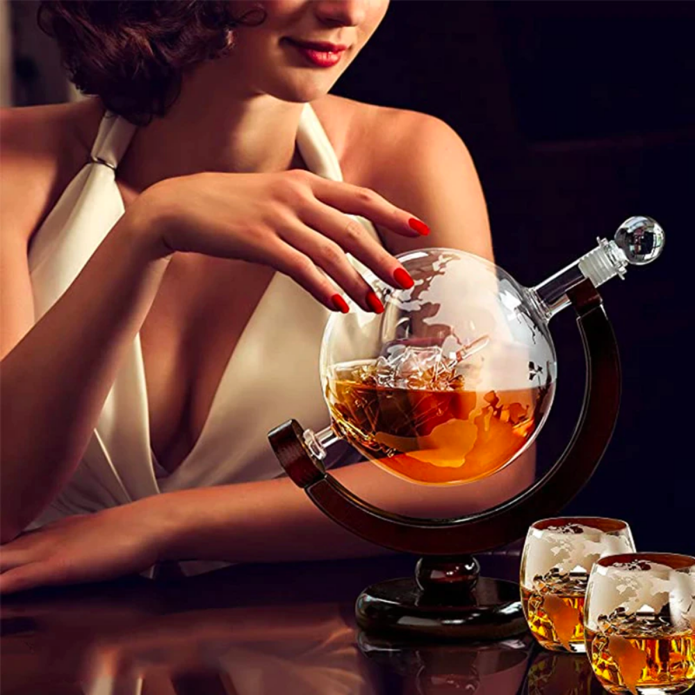 Crystal Globe with Sailboat Decanter and Glass Set