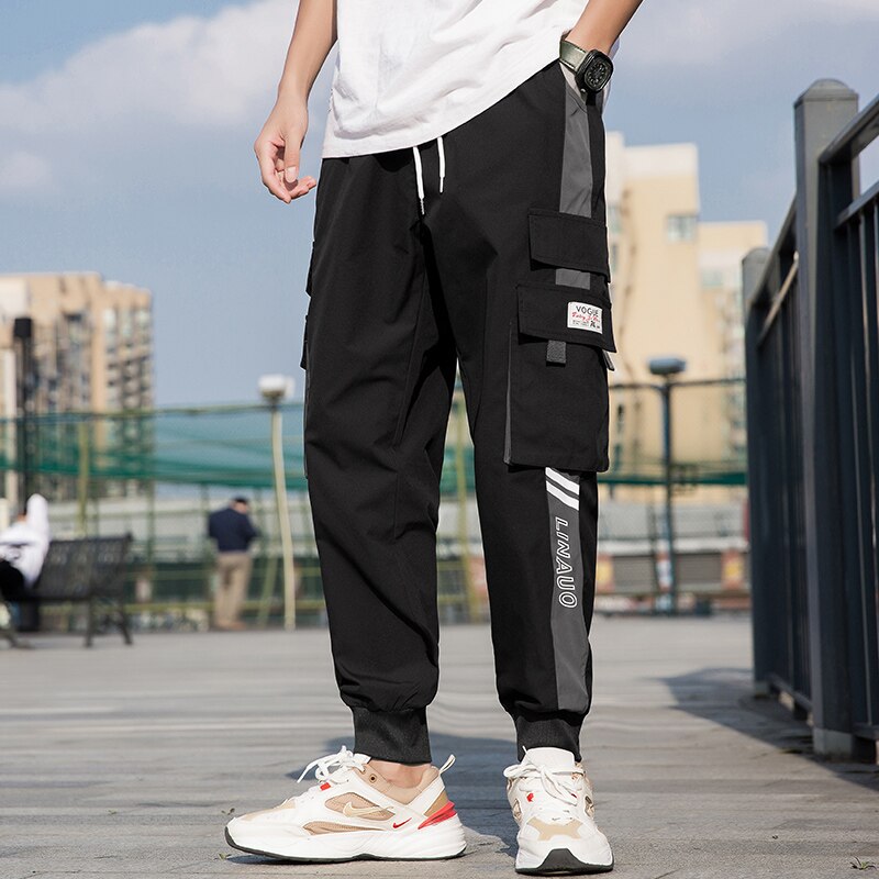 Men Black Multi-pocket Harem Hip Pop Pants