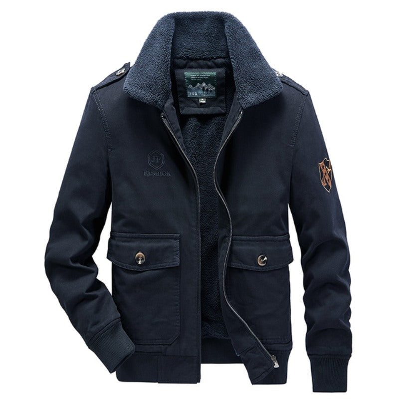 Men Winter Warm Thick Fleece Fur Collar Military Jacket
