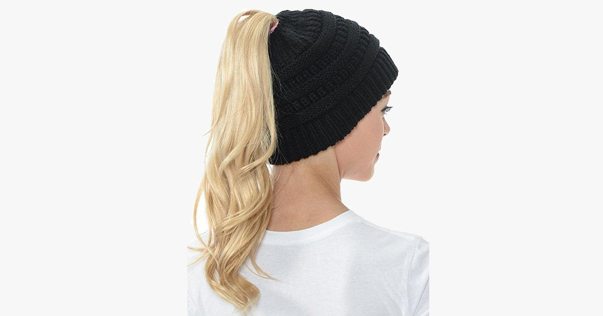 Ponytail Beanie Messy Bun Women's Beanie Solid Ribbed Hat Cap