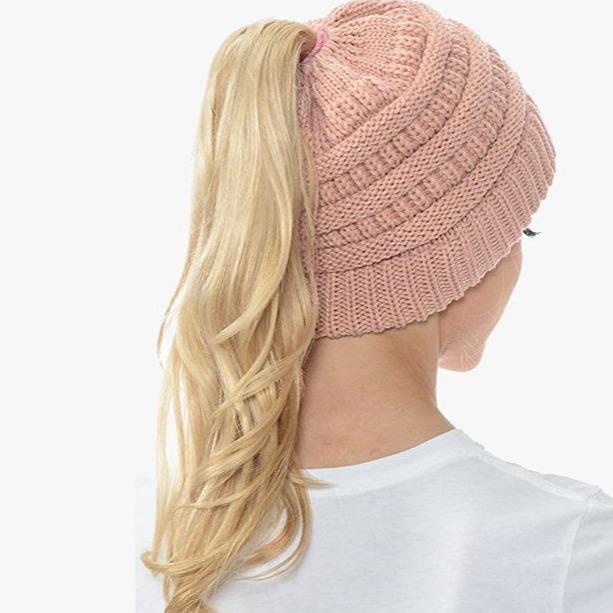 Ponytail Beanie Messy Bun Women's Beanie Solid Ribbed Hat Cap