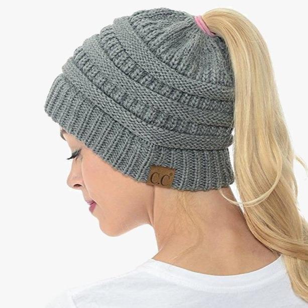 Ponytail Beanie Messy Bun Women's Beanie Solid Ribbed Hat Cap