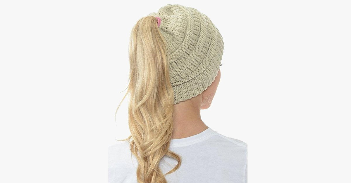 Ponytail Beanie Messy Bun Women's Beanie Solid Ribbed Hat Cap