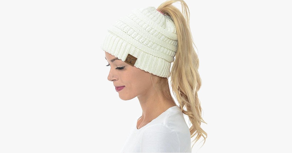 Ponytail Beanie Messy Bun Women's Beanie Solid Ribbed Hat Cap