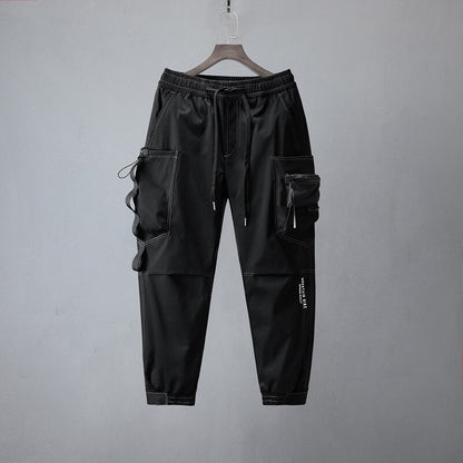 Men Black Streetwear Multi-Pocket Joggers Pants