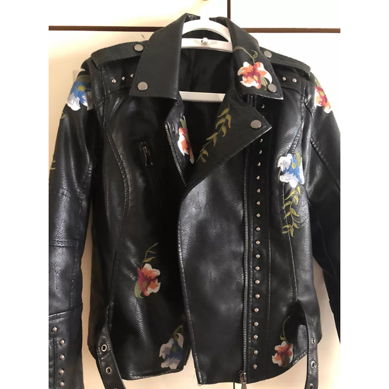 Women's Retro Floral Print Faux Leather Jacket