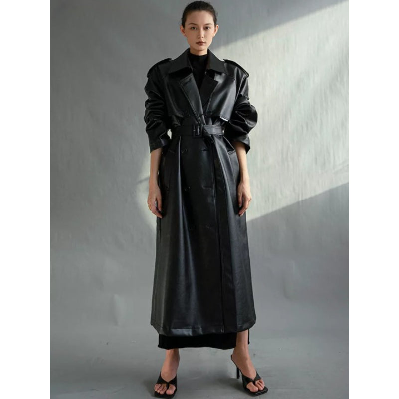 Women's Extra Long Oversized Black Faux Leather Trench Coat