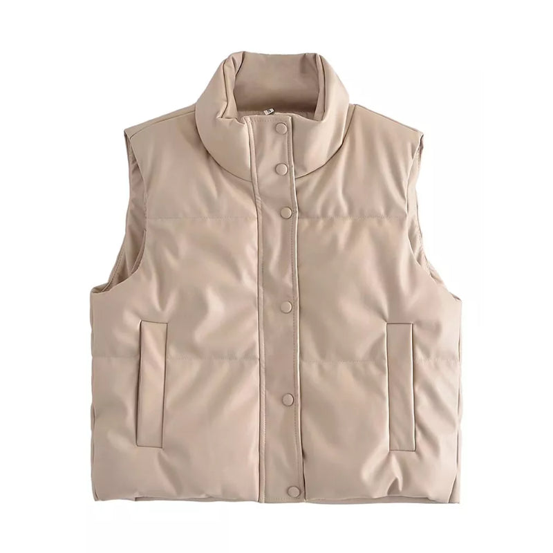 Women's Puffy Vest Down PU Leather Jacket
