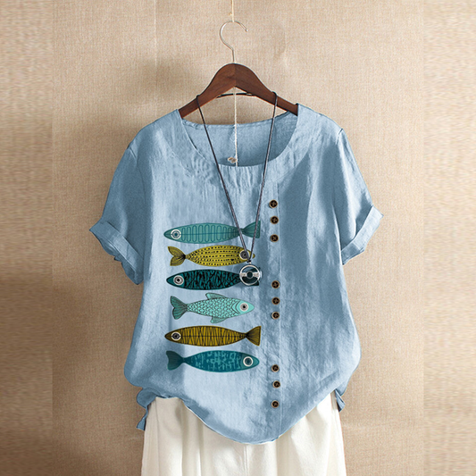 Fish Print Patched Casual Short Sleeve O-Neck Cotton Top For Women
