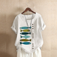 Fish Print Patched Casual Short Sleeve O-Neck Cotton Top For Women