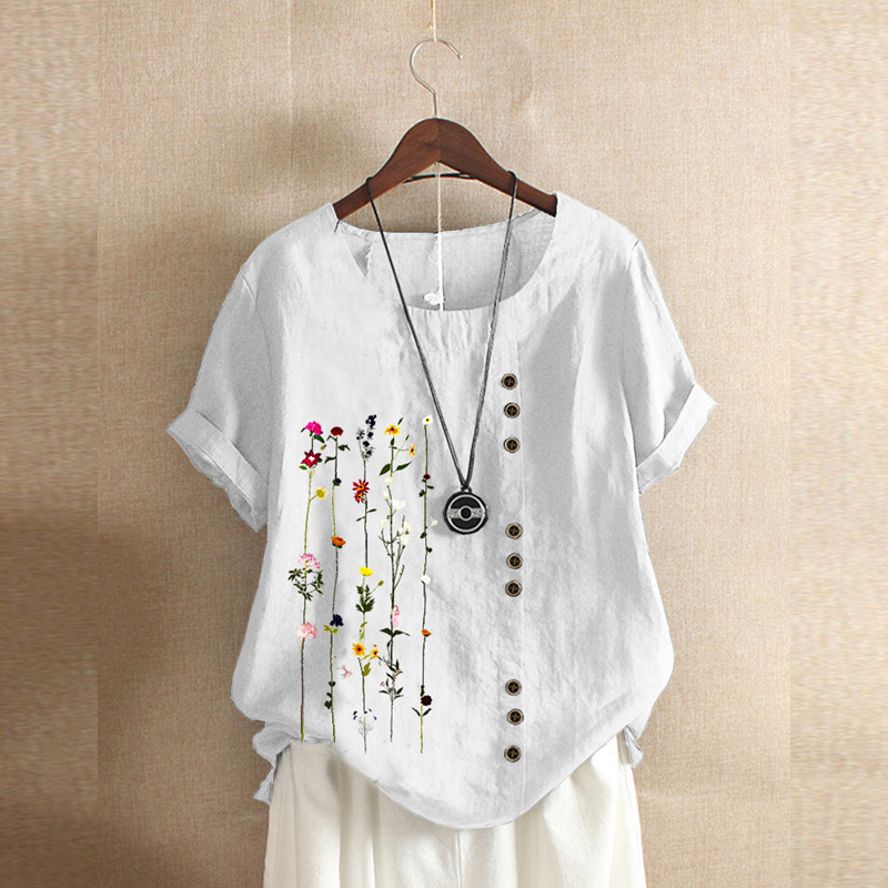 Floral Printed O-neck Short Sleeve Button Top – USA Winter Shopping